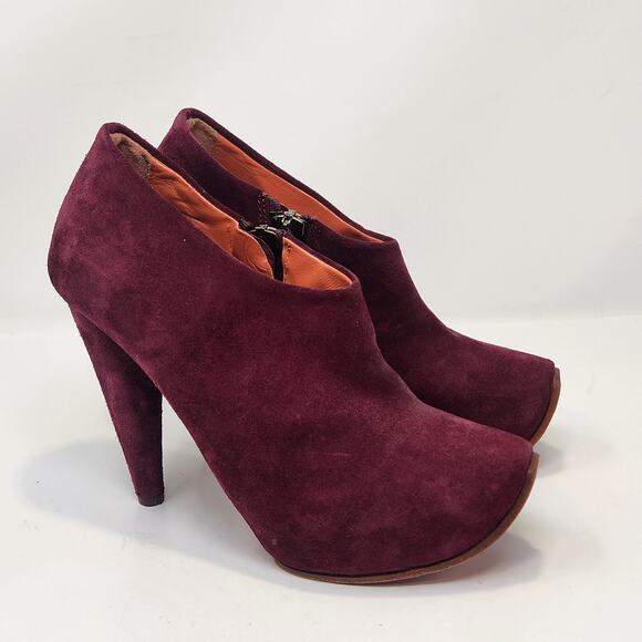 Acne Studios Burgundy Suede Ankle Heeled Booties Size 37 US 7 Zipper Platform - Picture 1 of 10